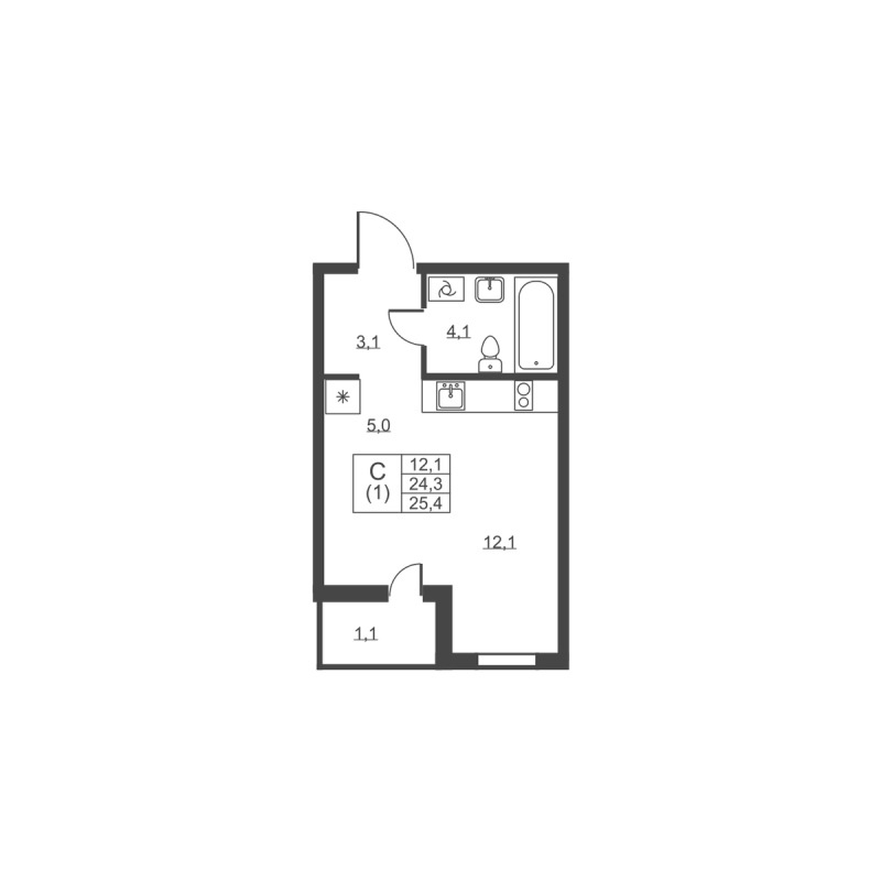 Квартира-студия, 25.4 м² - планировка, фото №1