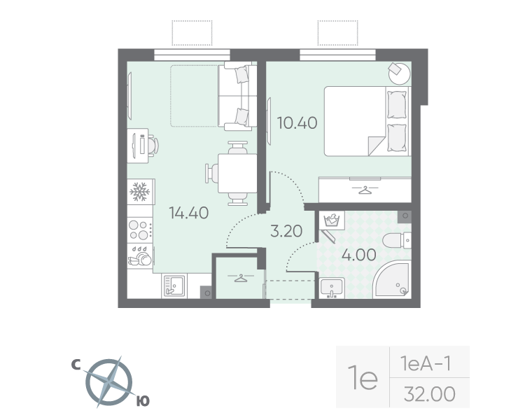 1-комнатная квартира, 32 м² в ЖК "Ручьи" - планировка, фото №1