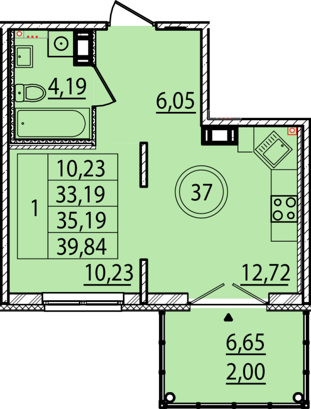 1-комнатная квартира, 33.19 м² - планировка, фото №1