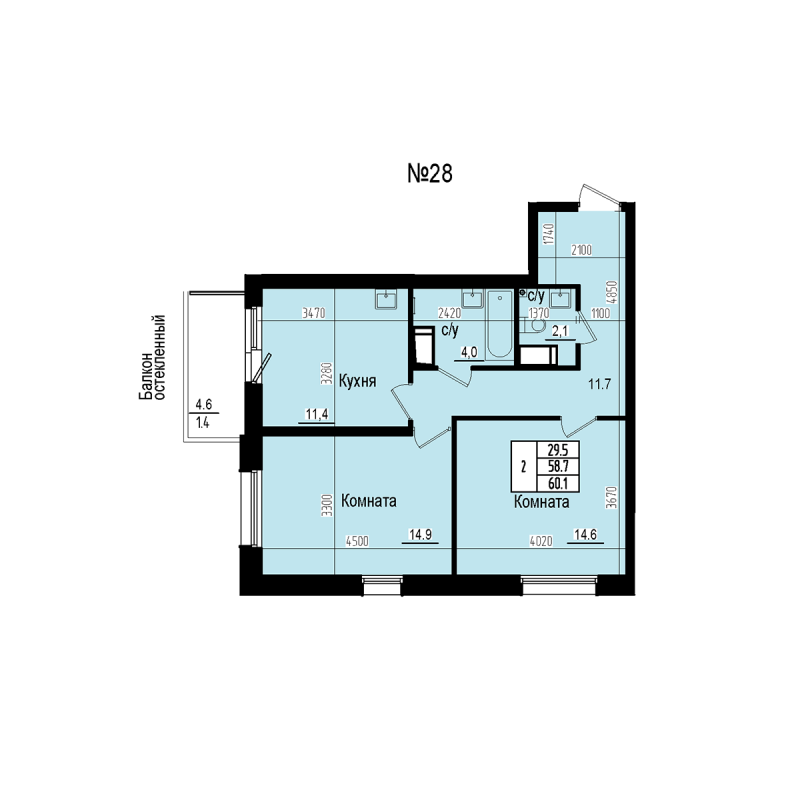 2-комнатная квартира, 60.1 м² в ЖК "ПРАГМА СИТИ" - планировка, фото №1