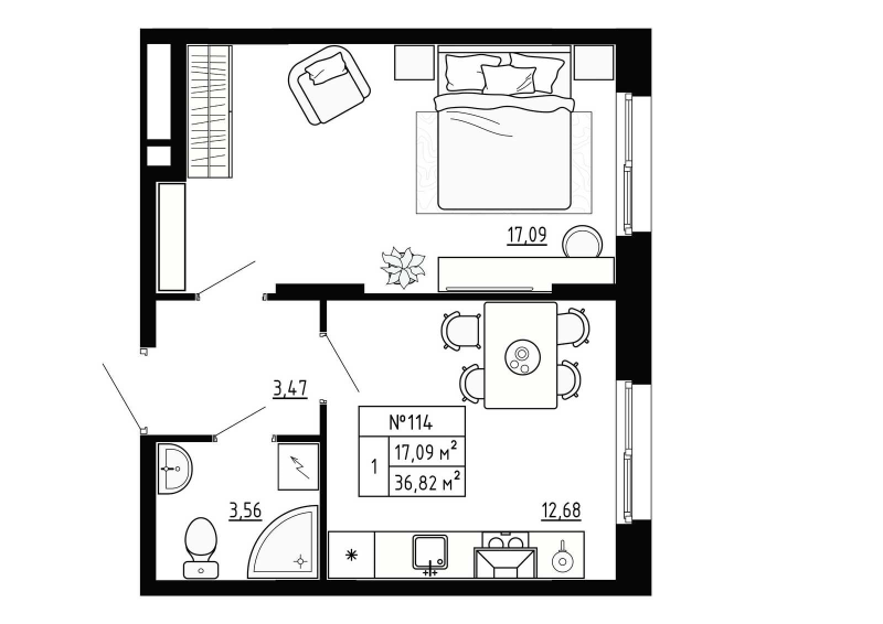 1-комнатная квартира, 36.82 м² в ЖК "Аннино Сити" - планировка, фото №1