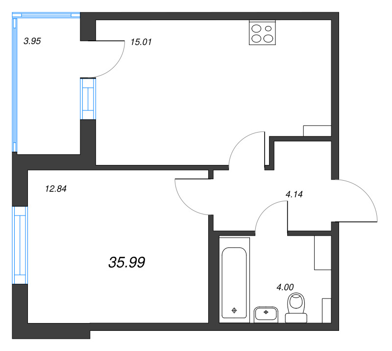 2-комнатная (Евро) квартира, 35.99 м² - планировка, фото №1