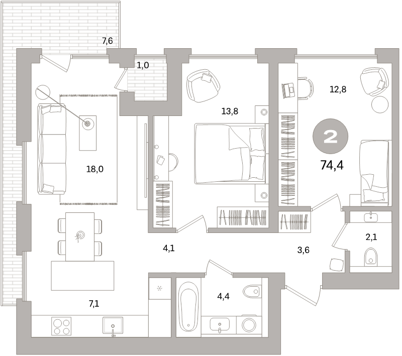 3-комнатная (Евро) квартира, 74.5 м² в ЖК "Северный ветер" - планировка, фото №1
