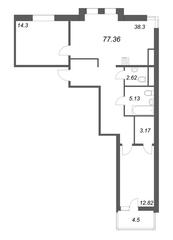 3-комнатная (Евро) квартира, 77.36 м² - планировка, фото №1