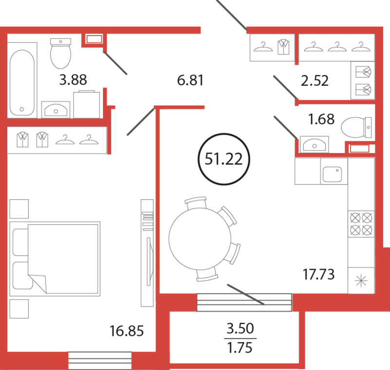 2-комнатная (Евро) квартира, 51.22 м² в ЖК "Энфилд" - планировка, фото №1