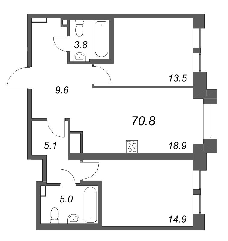 3-комнатная (Евро) квартира, 70.8 м² в ЖК "Коллекционер" - планировка, фото №1