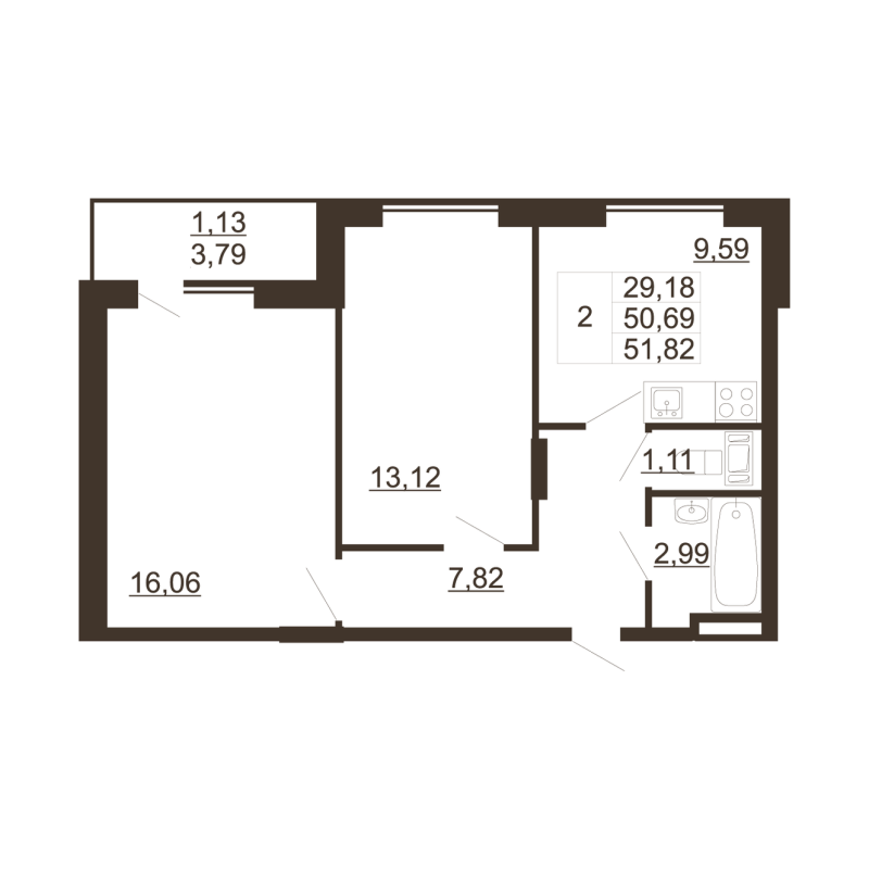 2-комнатная квартира, 51.82 м² - планировка, фото №1