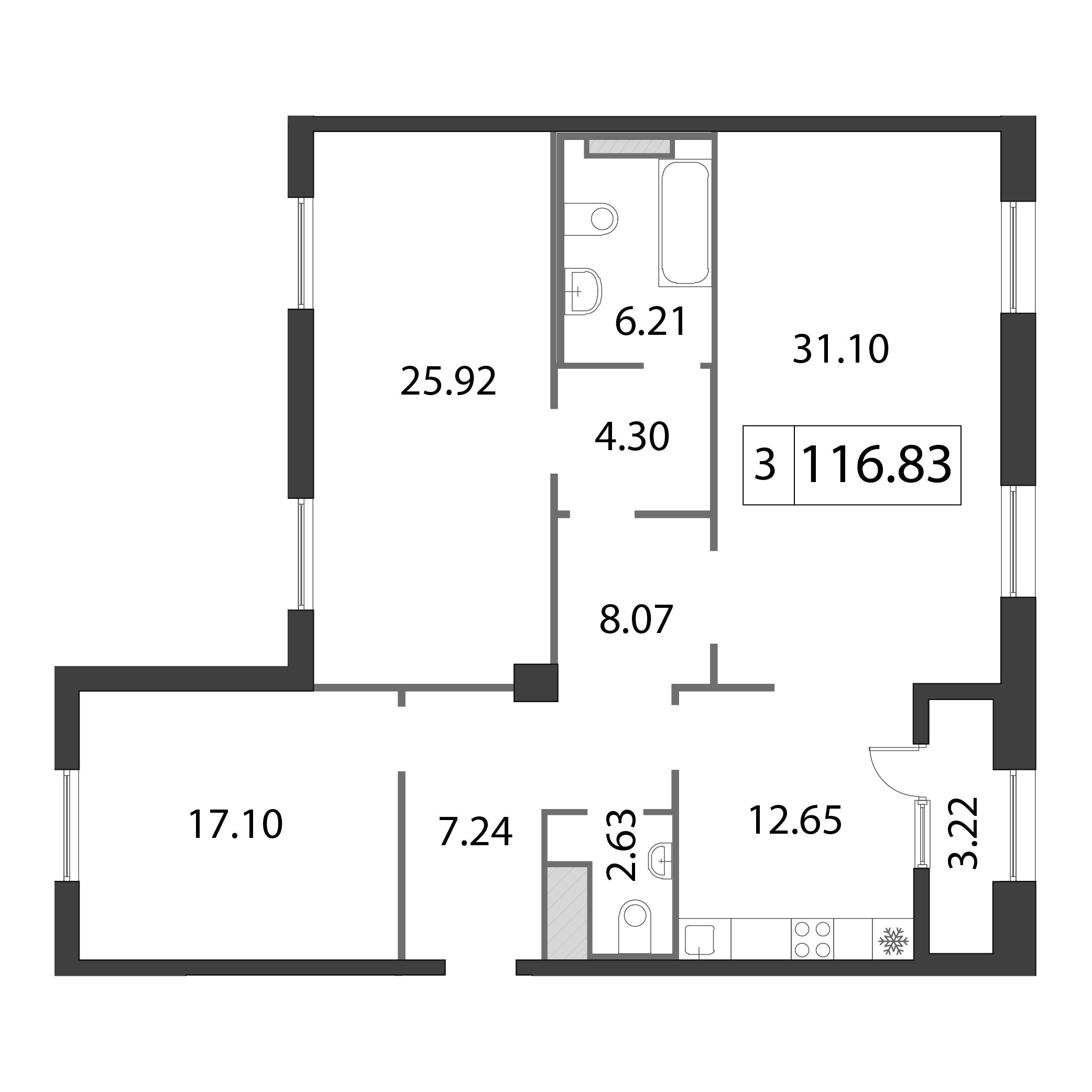 3-комнатная квартира, 116.9 м² - планировка, фото №1