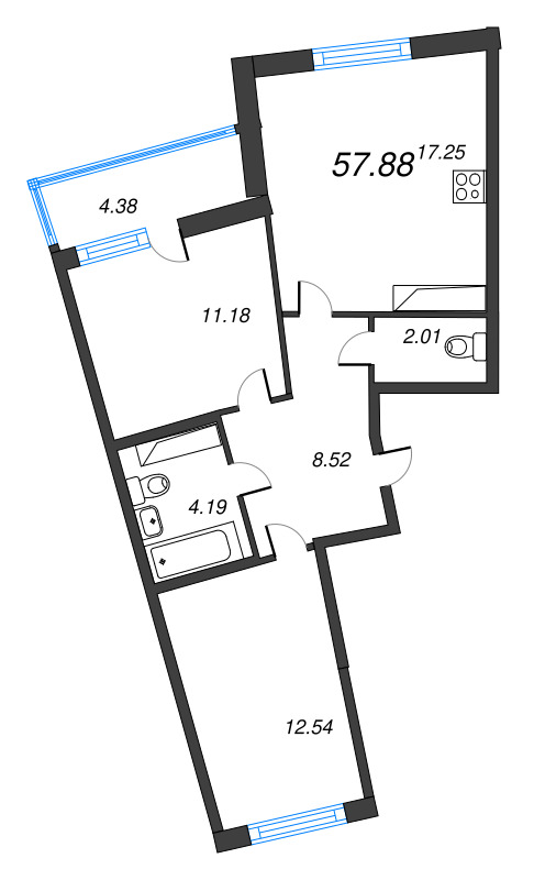 3-комнатная (Евро) квартира, 57.88 м² в ЖК "Дом Левитан" - планировка, фото №1