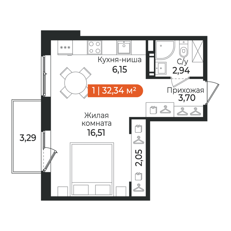 Квартира-студия, 32.34 м² в ЖК "Алгоритм Квинта" - планировка, фото №1