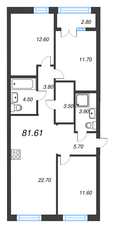 3-комнатная квартира, 81.6 м² в ЖК "NewПитер 2.0" - планировка, фото №1