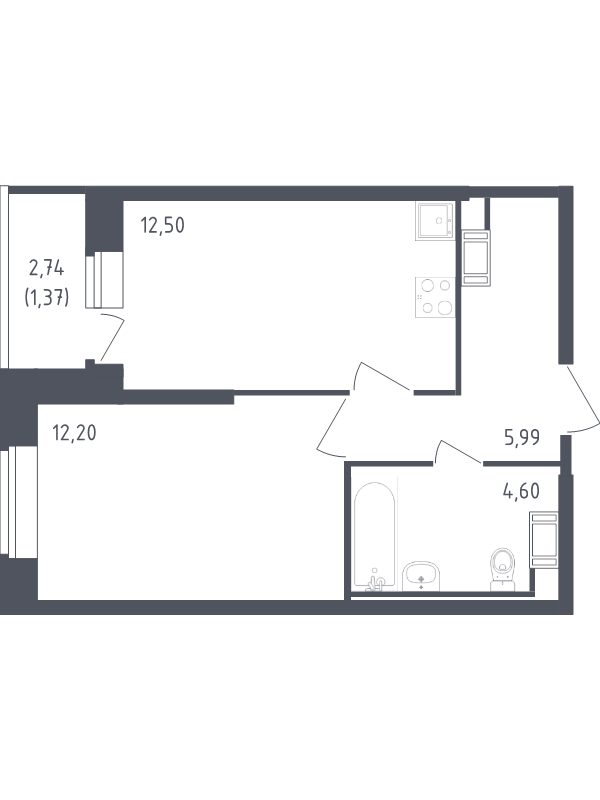 1-комнатная квартира, 36.66 м² - планировка, фото №1