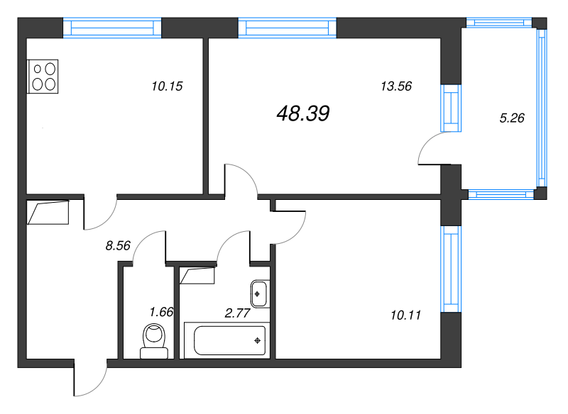 2-комнатная квартира, 52.07 м² - планировка, фото №1