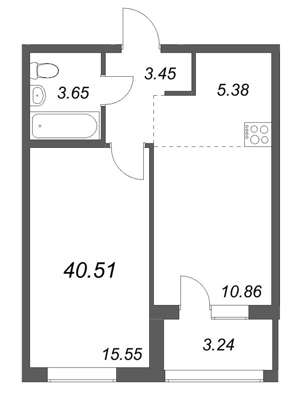 2-комнатная (Евро) квартира, 40.51 м² в ЖК "Тишин" - планировка, фото №1