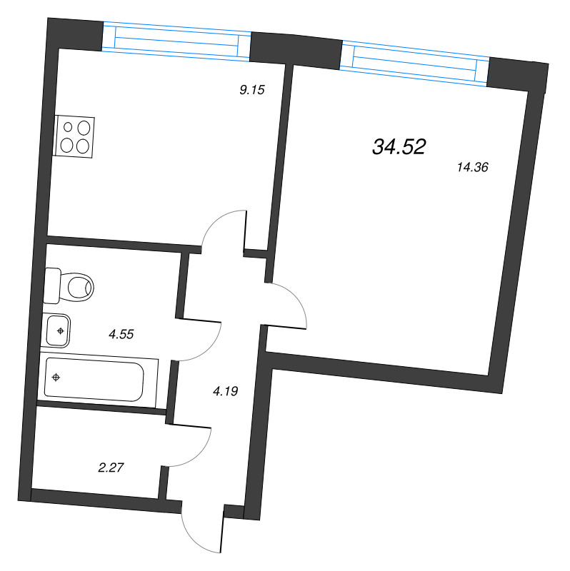 1-комнатная квартира, 34.52 м² в ЖК "Аквилон Riva" - планировка, фото №1