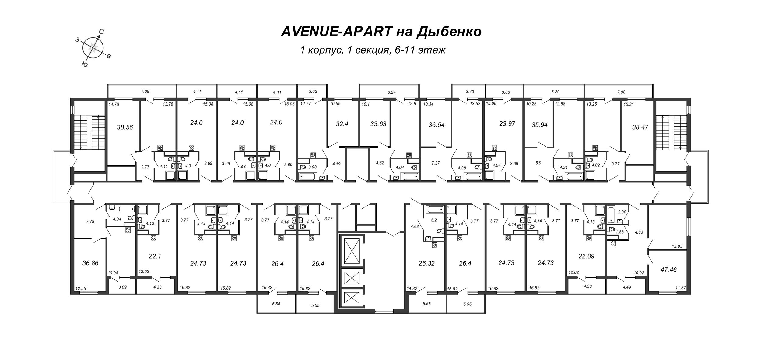 1-комнатная квартира, 38.56 м² - планировка этажа
