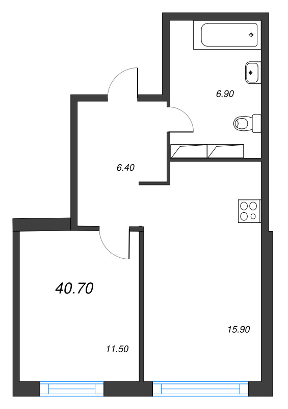 2-комнатная (Евро) квартира, 40.7 м² в ЖК "Струны" - планировка, фото №1