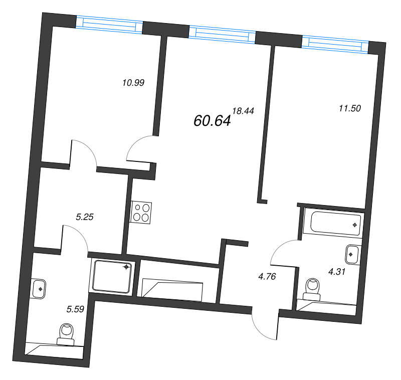 3-комнатная (Евро) квартира, 60.64 м² в ЖК "Legenda Васильевского" - планировка, фото №1