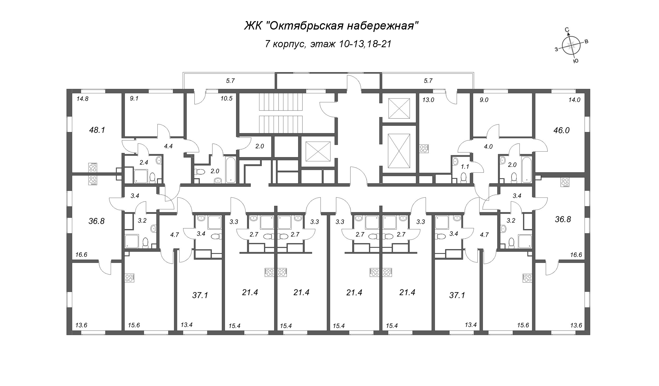 Квартира-студия, 21.4 м² в ЖК "Октябрьская набережная" - планировка этажа