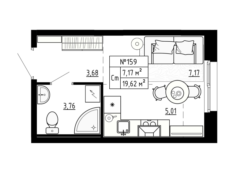 Квартира-студия, 19.61 м² - планировка, фото №1