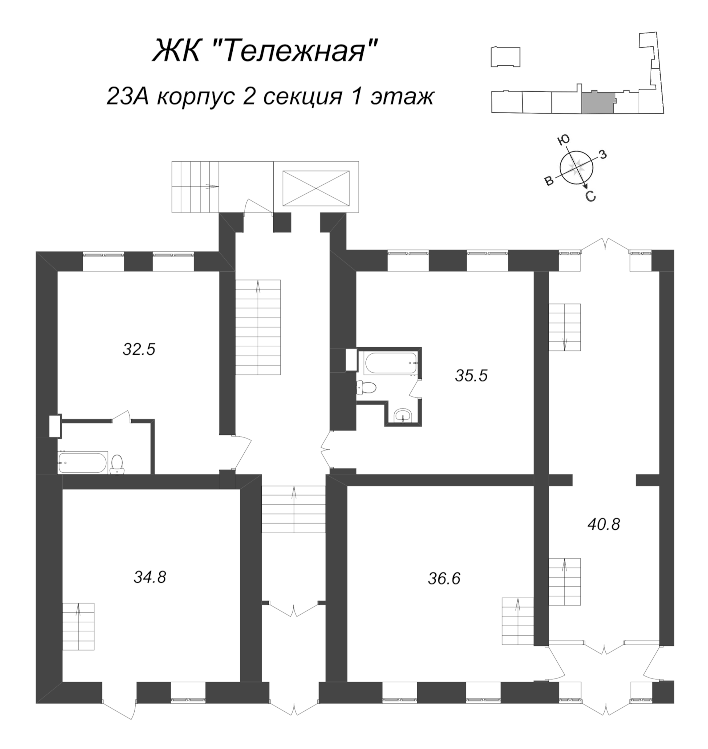 Квартира-студия, 33.4 м² в ЖК "Тележная 21-29" - планировка этажа