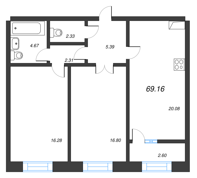 3-комнатная (Евро) квартира, 69.2 м² - планировка, фото №1