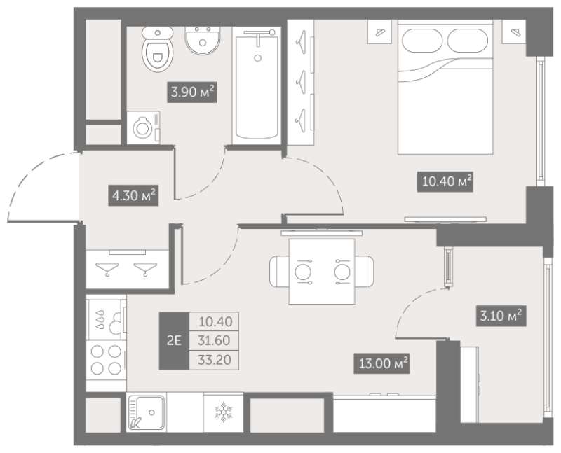 1-комнатная квартира, 33.2 м² в ЖК "Квартал «Новый Московский»" - планировка, фото №1