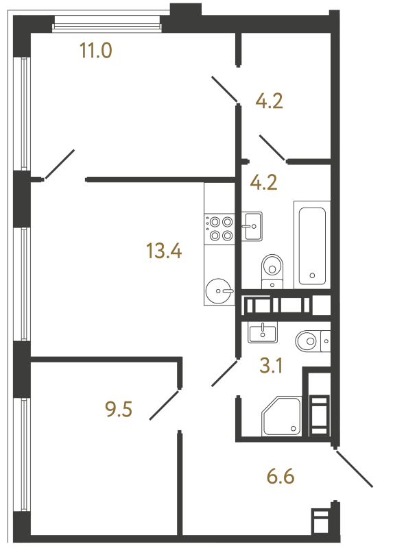 2-комнатная квартира, 52 м² в ЖК "Гений" - планировка, фото №1