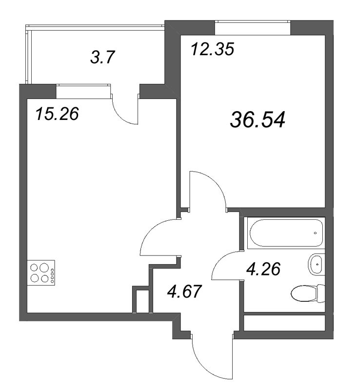 2-комнатная (Евро) квартира, 36.54 м² в ЖК "ЮгТаун" - планировка, фото №1