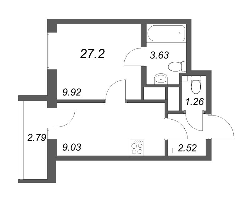 1-комнатная квартира, 27.2 м² - планировка, фото №1