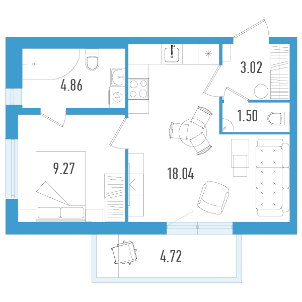 2-комнатная (Евро) квартира, 38.1 м² в ЖК "AEROCITY" - планировка, фото №1