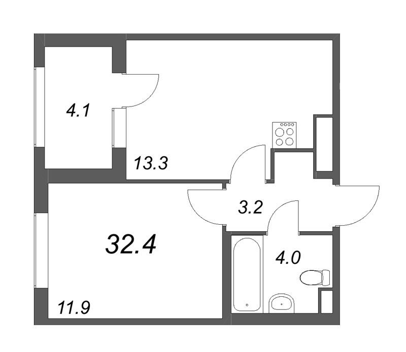 1-комнатная квартира, 32.4 м² в ЖК "ЮгТаун" - планировка, фото №1