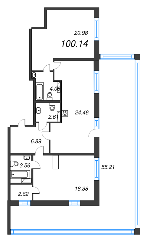 3-комнатная (Евро) квартира, 100.14 м² в ЖК "БелАрт" - планировка, фото №1