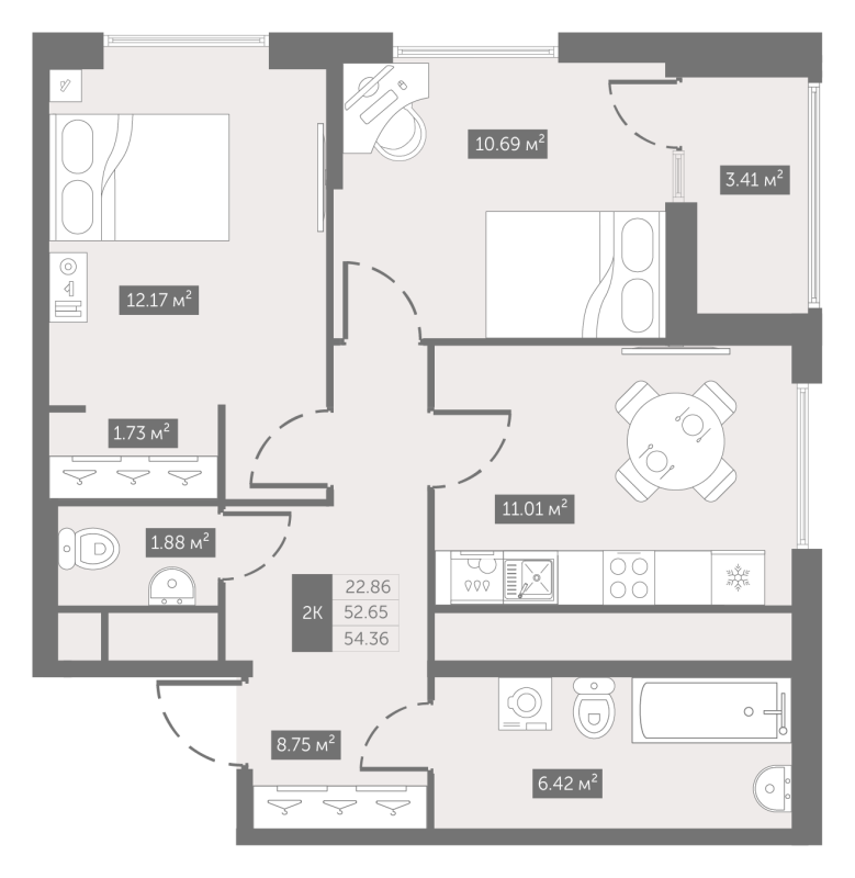 2-комнатная квартира, 54.36 м² в ЖК "UP-квартал Новый Московский" - планировка, фото №1