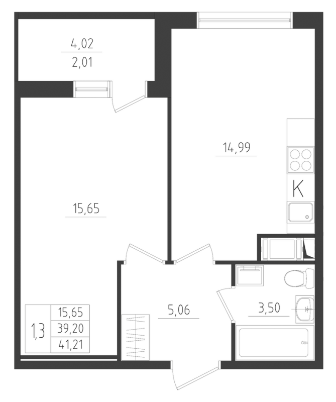 2-комнатная (Евро) квартира, 41.21 м² в ЖК "Новикола" - планировка, фото №1
