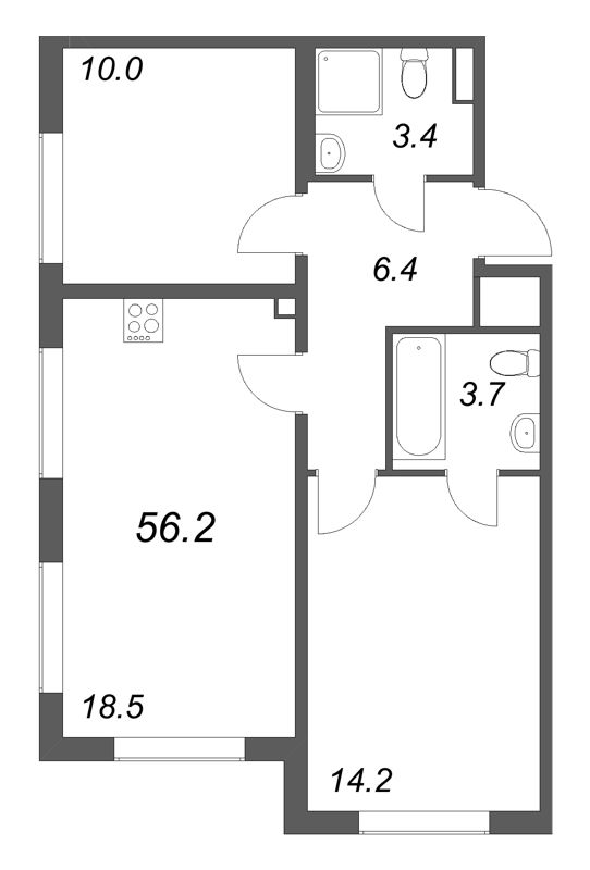 3-комнатная (Евро) квартира, 56.2 м² в ЖК "Пулково Лейк" - планировка, фото №1