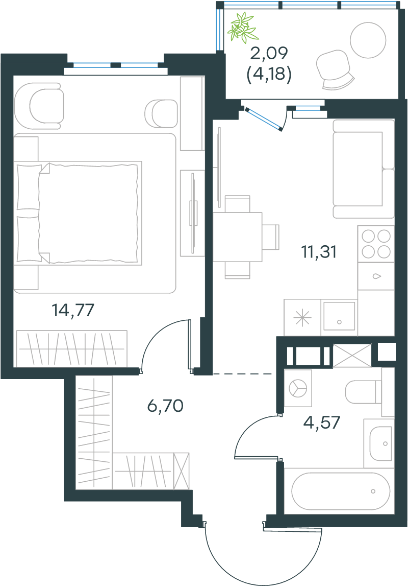 1-комнатная квартира, 39.44 м² в ЖК "Левел Мечникова" - планировка, фото №1
