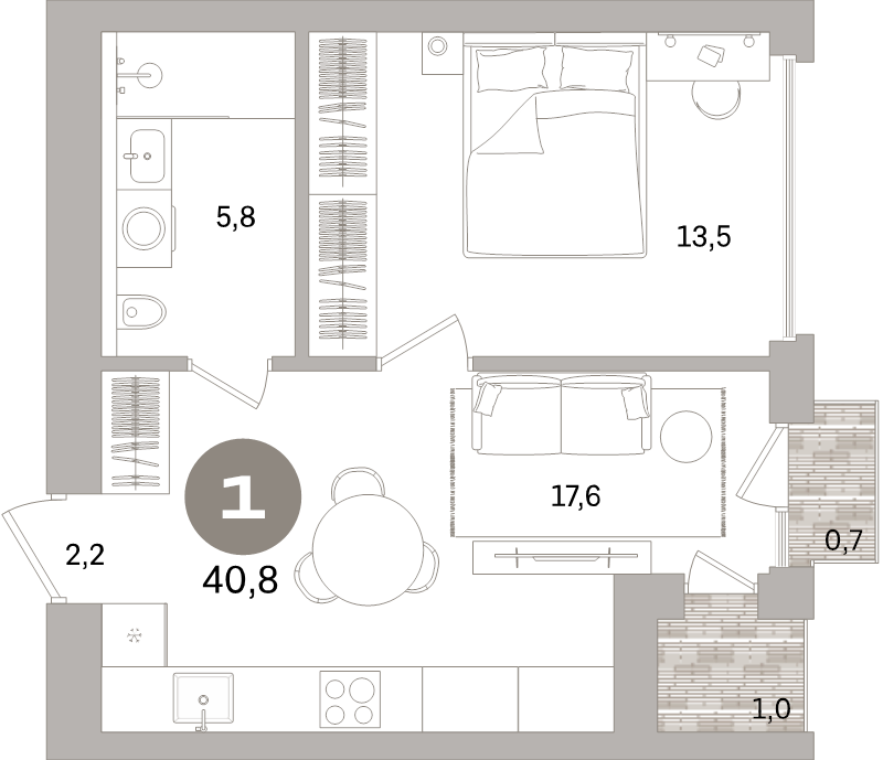2-комнатная (Евро) квартира, 40.8 м² - планировка, фото №1