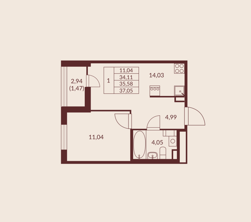 1-комнатная квартира, 35.58 м² в ЖК "Амурино" - планировка, фото №1