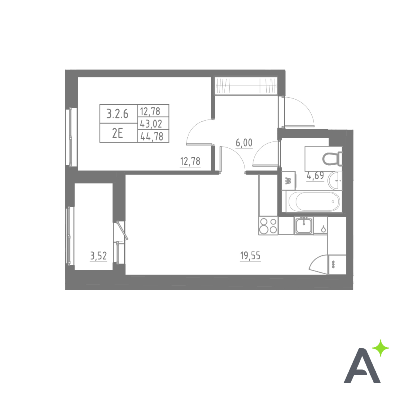 2-комнатная (Евро) квартира, 45.21 м² в ЖК "Аквилон Solar" - планировка, фото №1