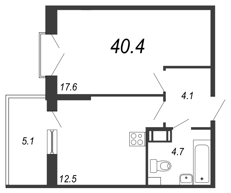 1-комнатная квартира, 40.5 м² - планировка, фото №1