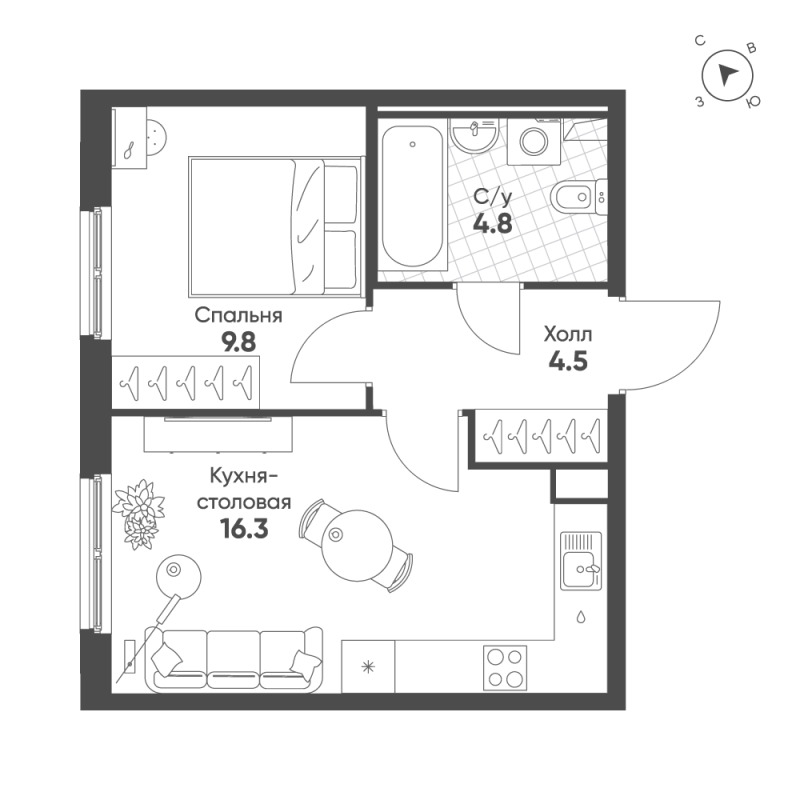 2-комнатная (Евро) квартира, 35.4 м² - планировка, фото №1