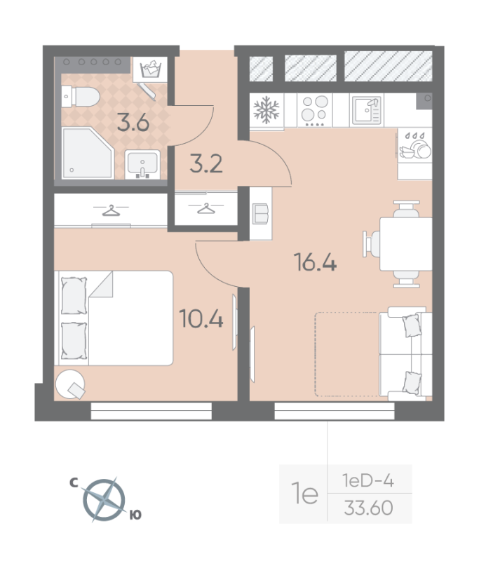 2-комнатная (Евро) квартира, 33.6 м² в ЖК "Пулково Лейк" - планировка, фото №1