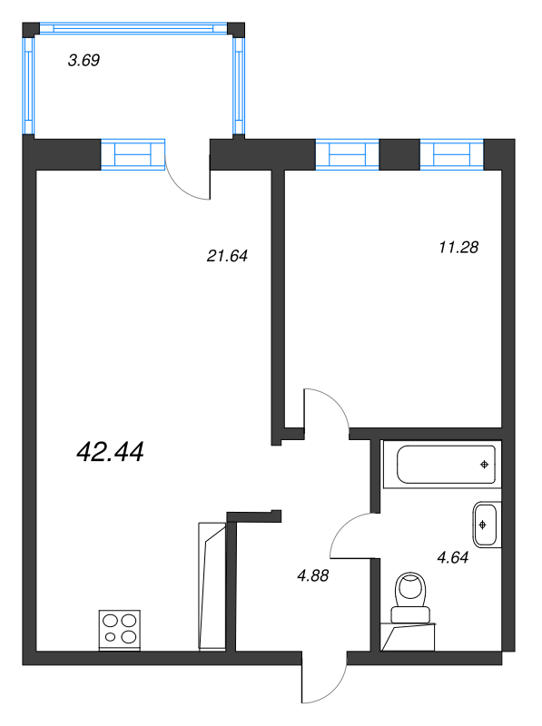 2-комнатная (Евро) квартира, 42.44 м² - планировка, фото №1