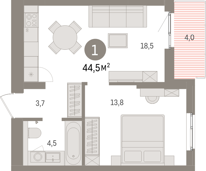 2-комнатная (Евро) квартира, 44.5 м² в ЖК "Брусника в Новоселье" - планировка, фото №1