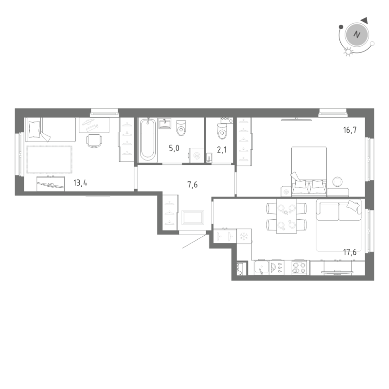 3-комнатная (Евро) квартира, 62.4 м² в ЖК "Клюква.Парк" - планировка, фото №1