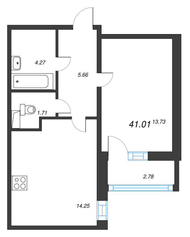 2-комнатная (Евро) квартира, 41 м² - планировка, фото №1