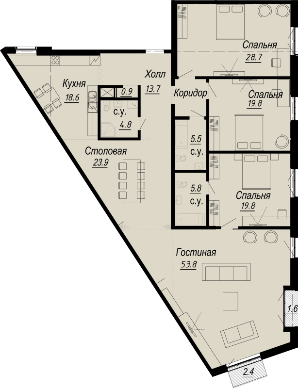 5-комнатная (Евро) квартира, 204.97 м² - планировка, фото №1