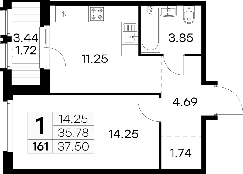 1-комнатная квартира, 37.6 м² в ЖК "Парголово" - планировка, фото №1