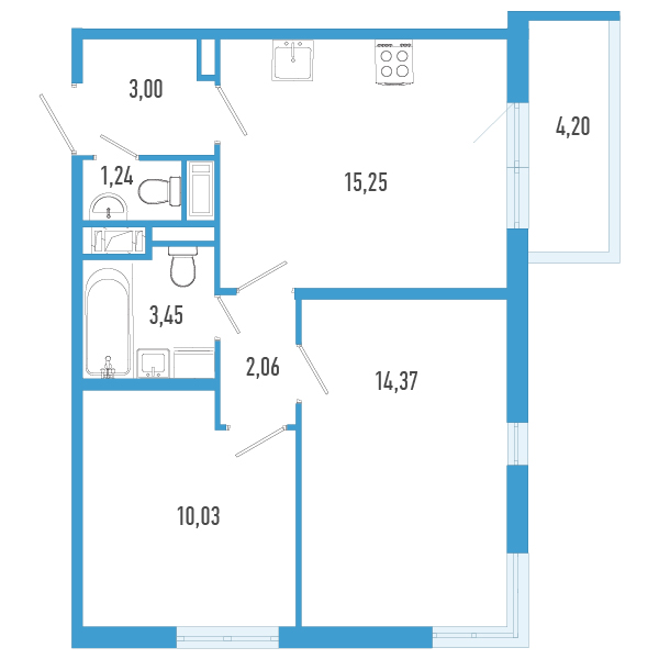 3-комнатная (Евро) квартира, 50.66 м² в ЖК "AEROCITY" - планировка, фото №1